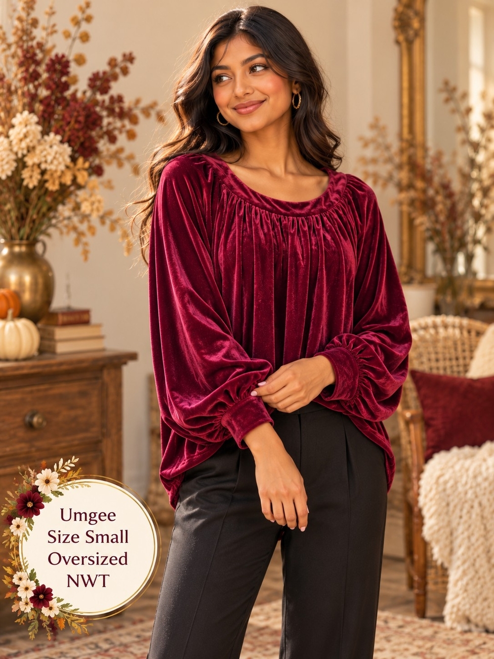 Umgee NWT Burgundy Velvet Oversized Balloon Sleeve Blouse Size Small